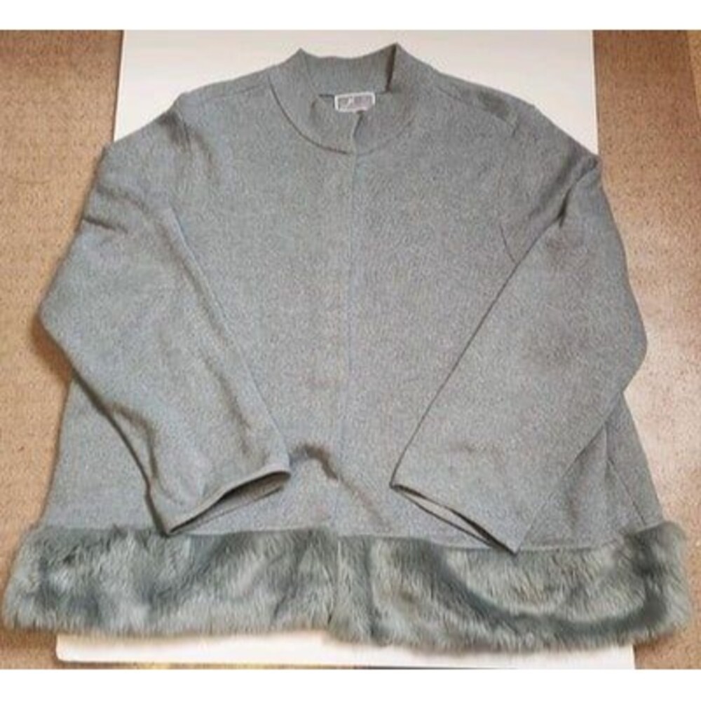 JM Collection Gray Faux Fur Trim Sweater Jacket Women Size 3X Knit Coat